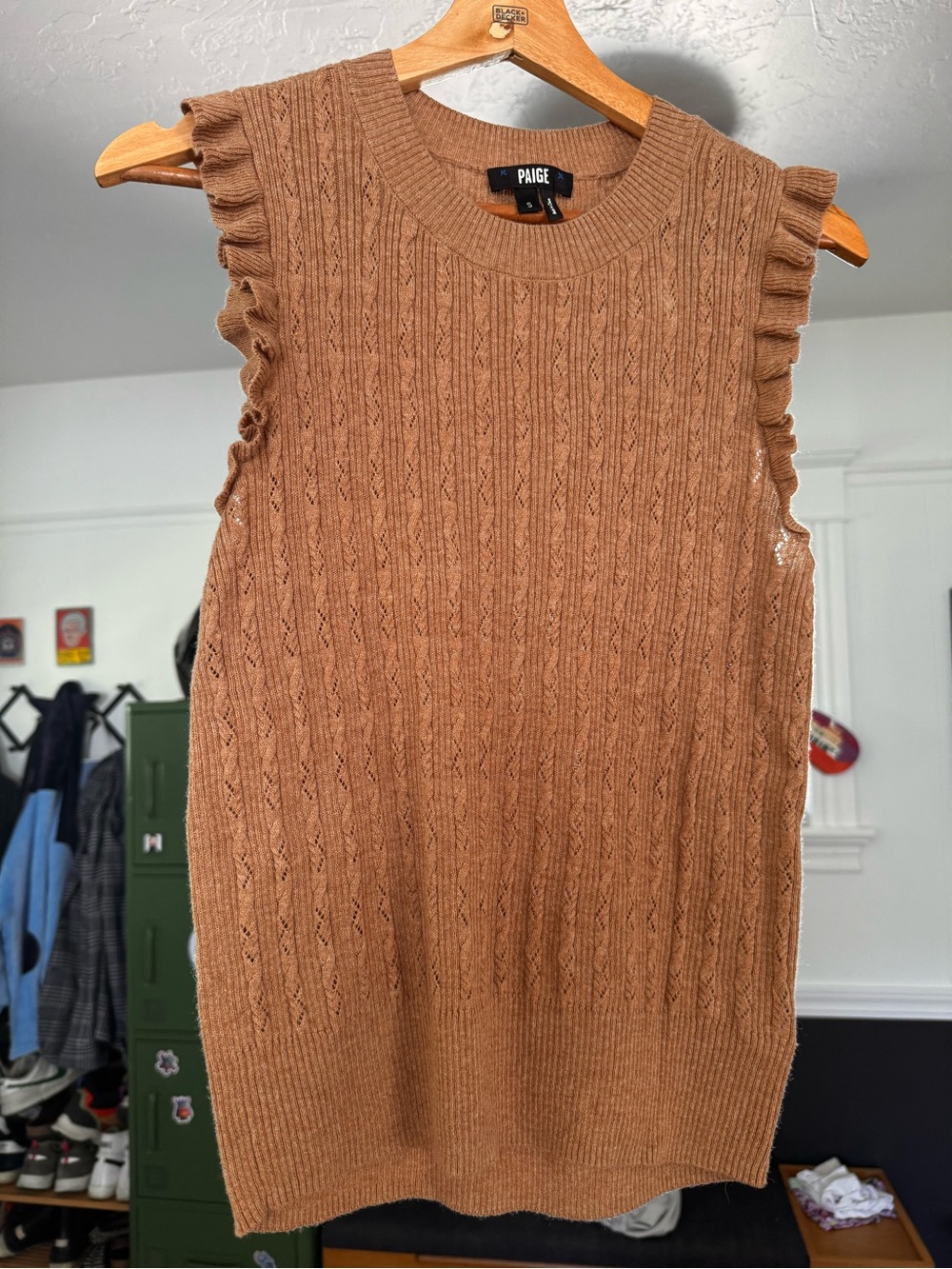 PAIGE Camel Ruffle Sleeve Cable Knit Shell - Picture 2 of 5